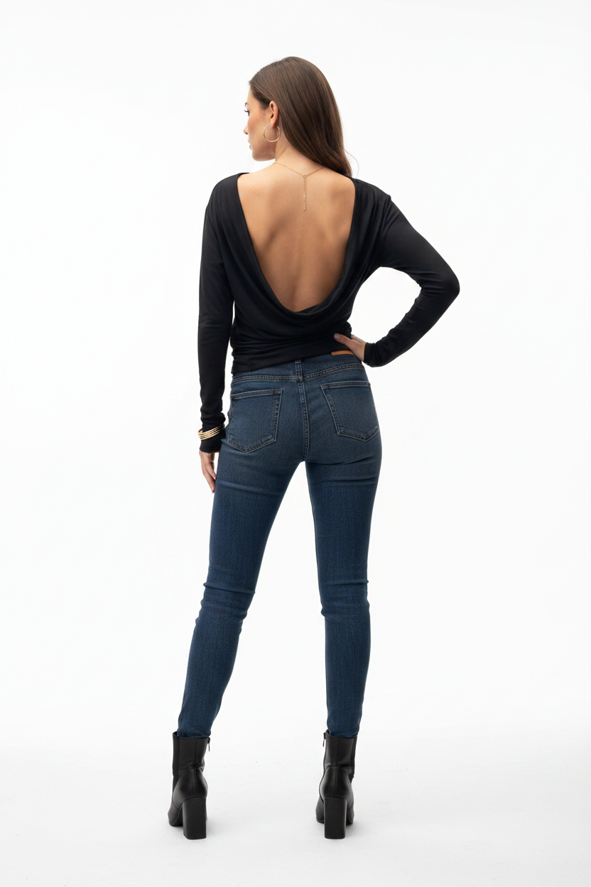 Black Fold-Detail Long Sleeve Top