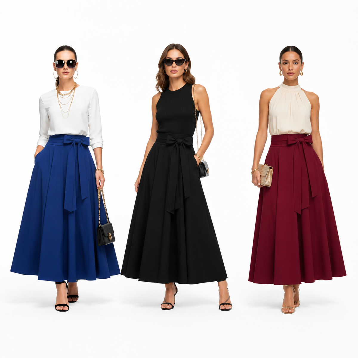 Elegant A-Line Maxi Skirt — three styling looks, set 3