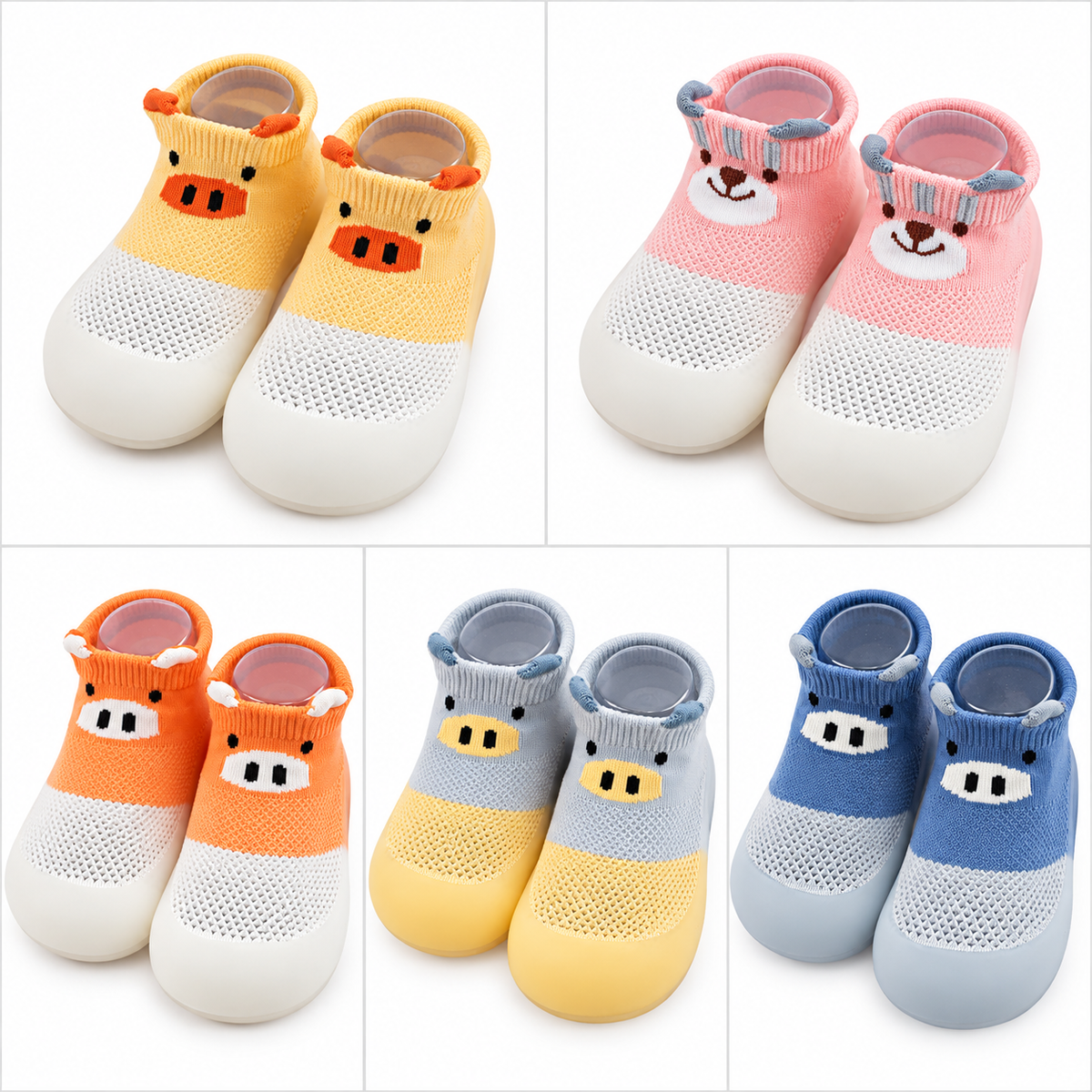 Animal sock shoes in Yellow Pink Orange Grey and Blue