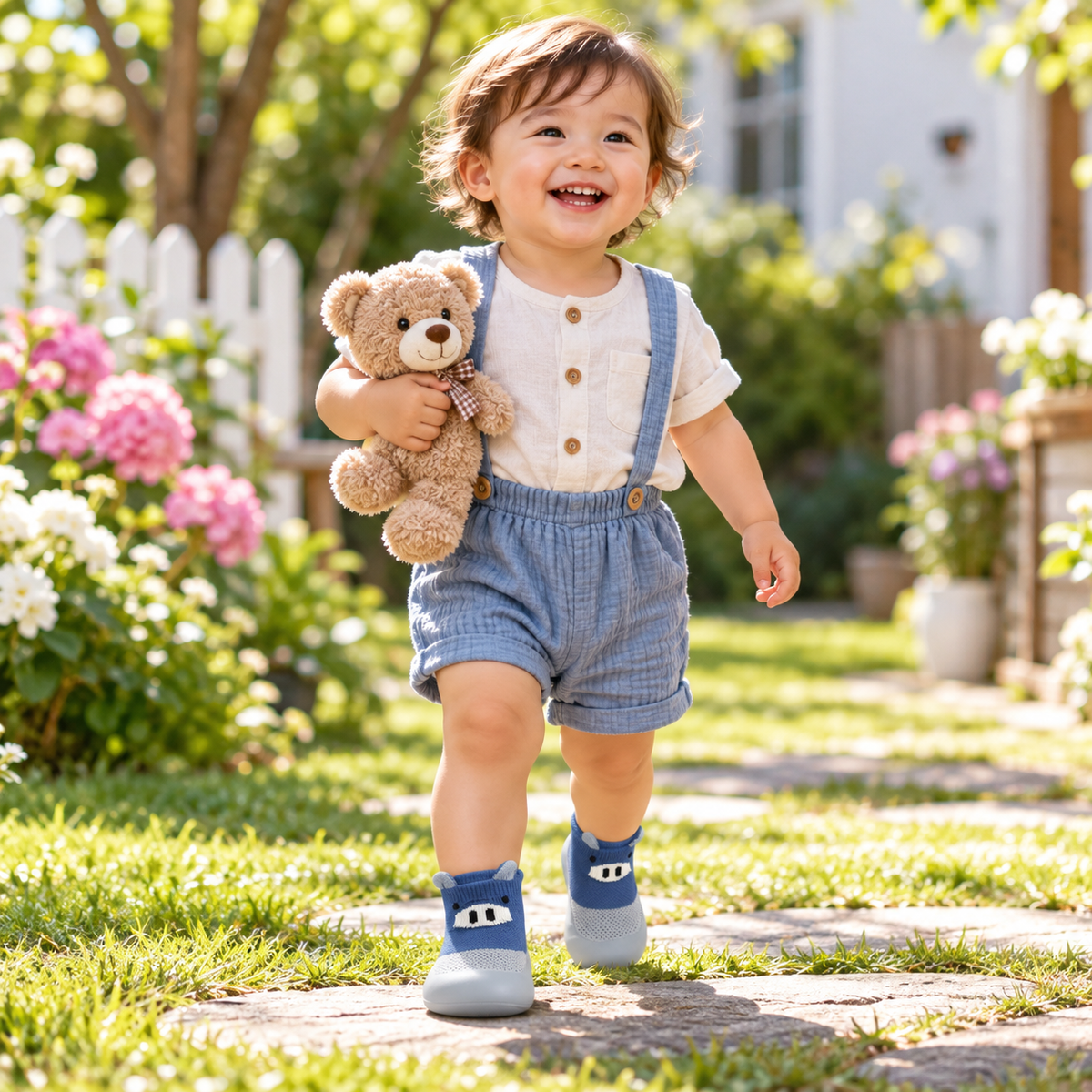 Smiling toddler walking in Blue animal sock shoes