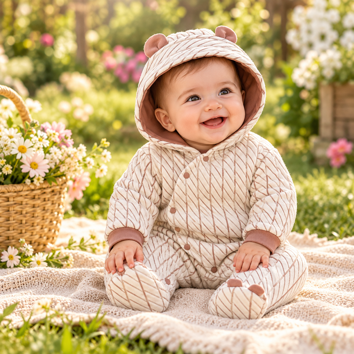 Baby wearing Light Brown romper in spring editorial
