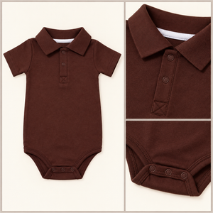 Framed brown polo onesie flat lay and collar, placket and snap details