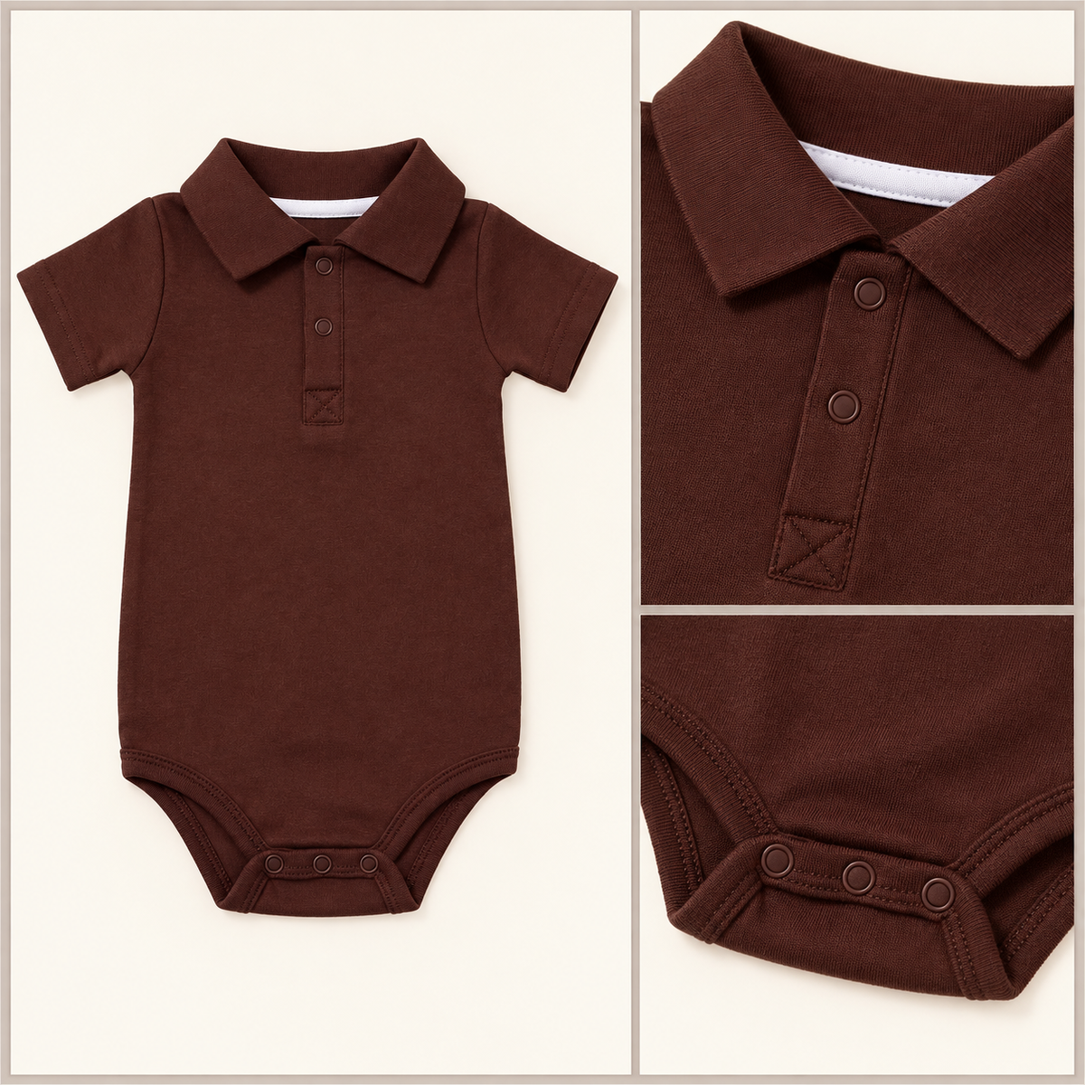 Framed brown polo onesie flat lay and collar, placket and snap details