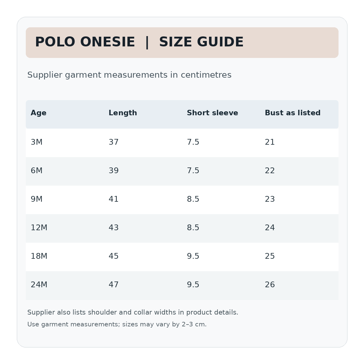Supplier size chart for brown polo short sleeve onesie 3–24M