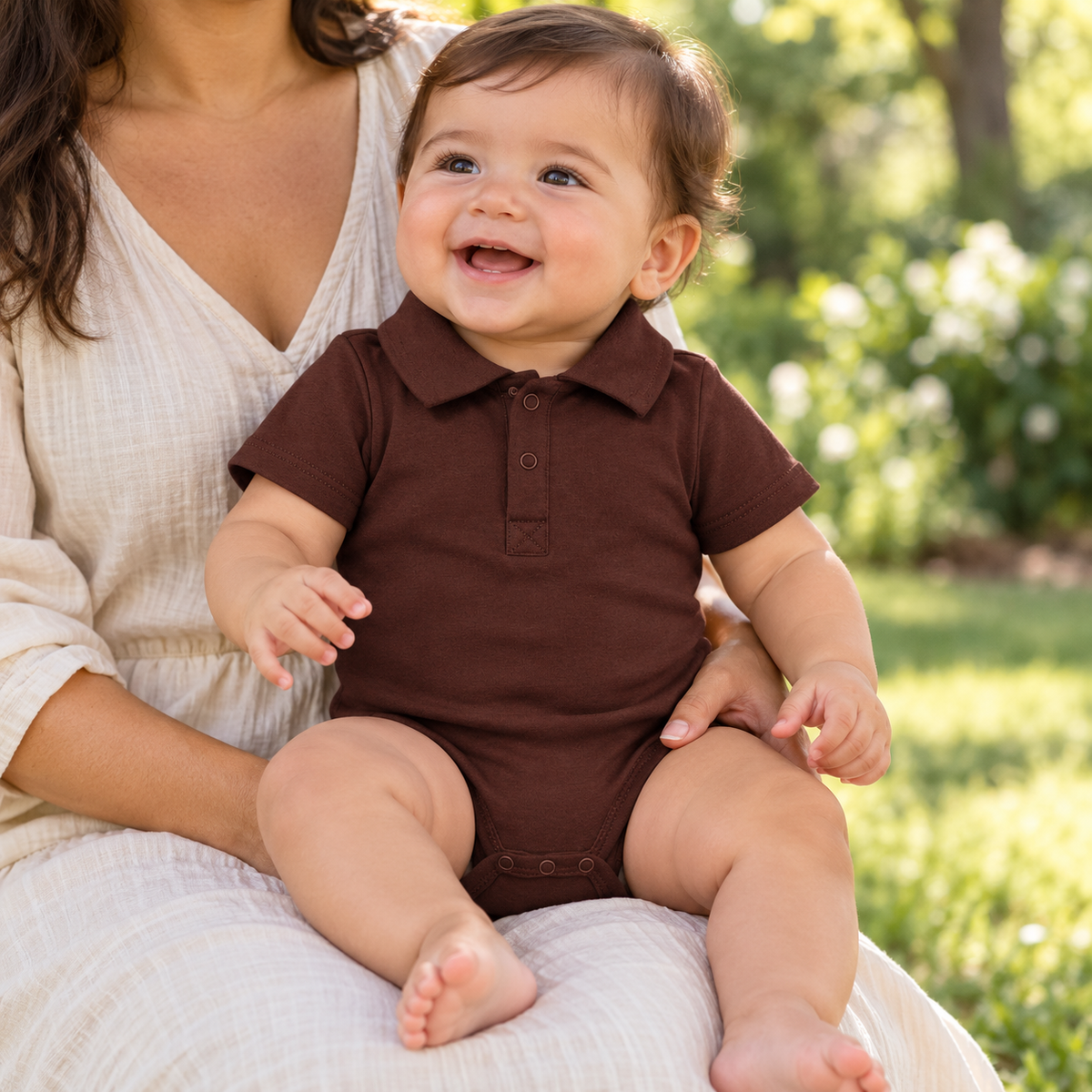 Baby wearing brown polo onesie outdoors with parent