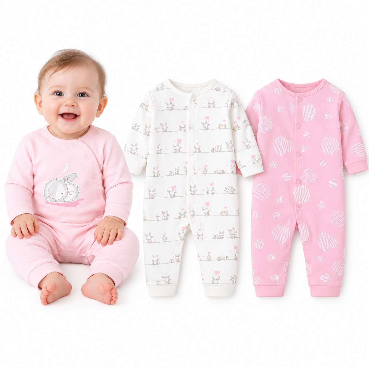 Shown three-romper bunny print combination: baby wears pink, two companion rompers beside