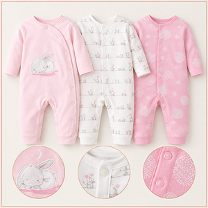 Framed detail view of pink, ivory and printed pink rompers pictured together