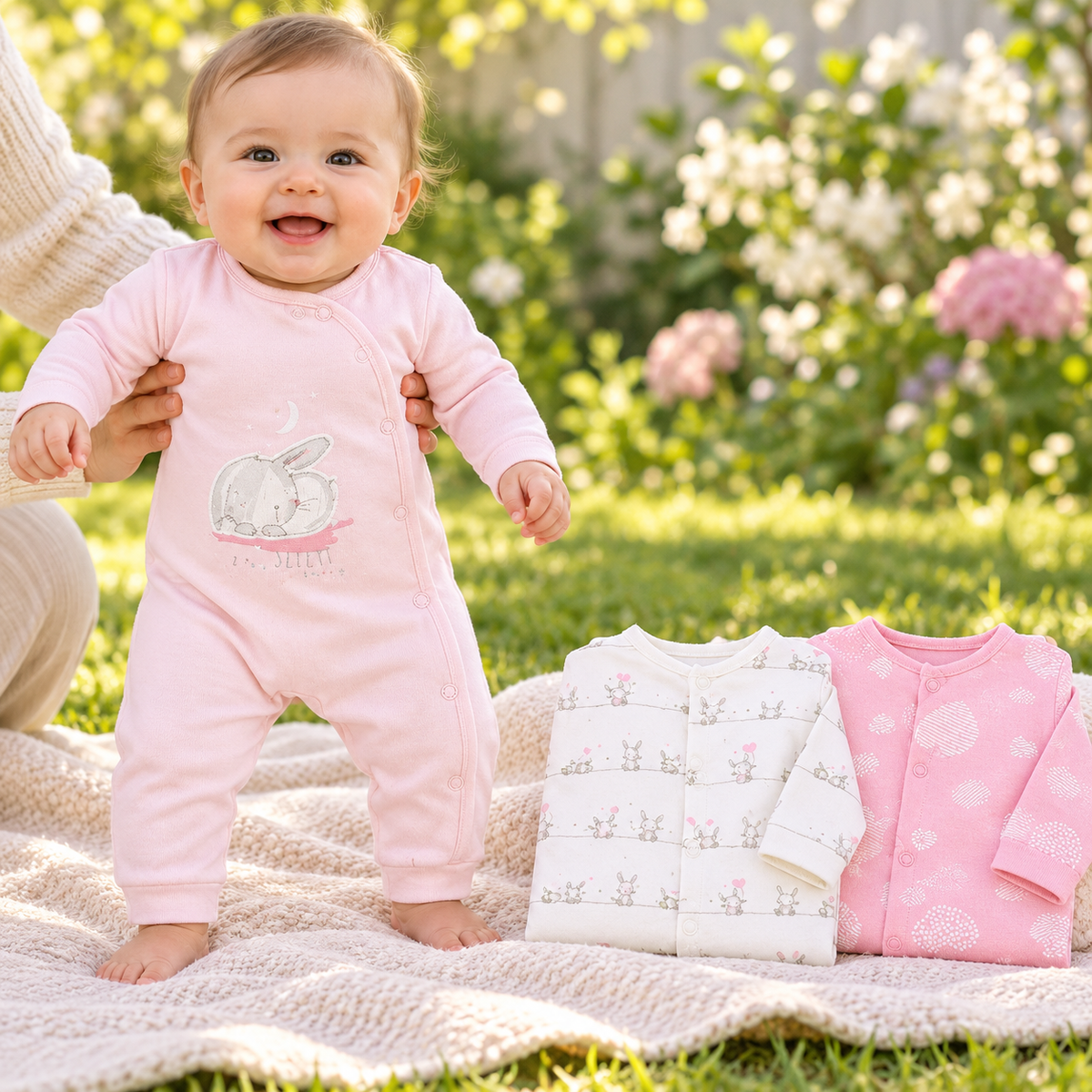 Baby wearing pink bunny romper with other two pictured pack items in spring garden