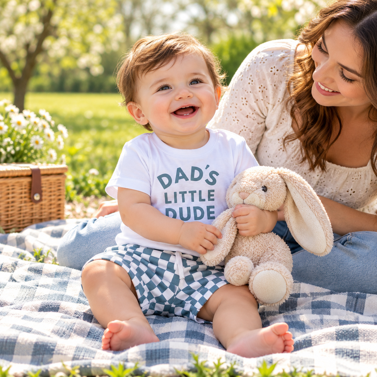 Baby playing with plush rabbit in DAD'S top and checked shorts