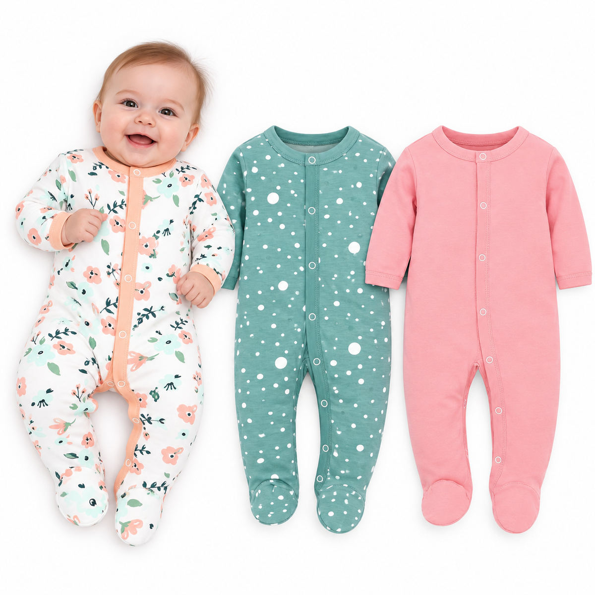 Shown floral, teal dotted and pink footed three-romper combination on pure white