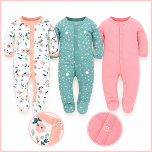 Framed three-piece floral, teal polka dot and solid pink footed rompers