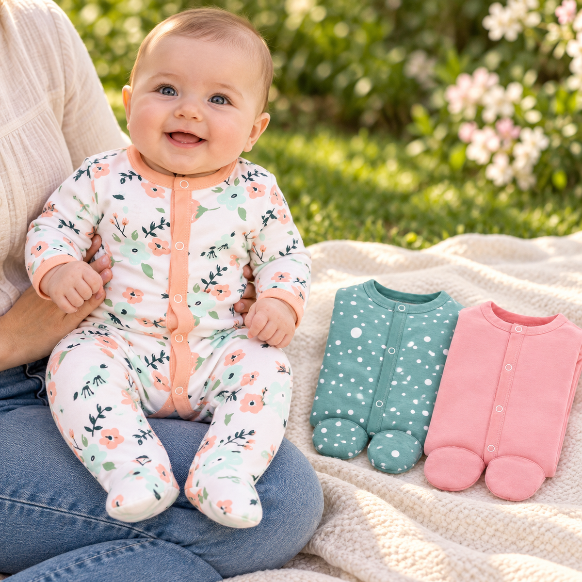 Baby modeling floral footed romper with teal and pink pieces in garden