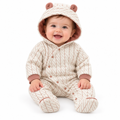 Baby in light brown hooded footed romper against pure white