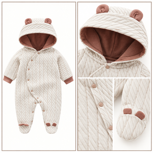 Framed details of light brown hooded footed romper