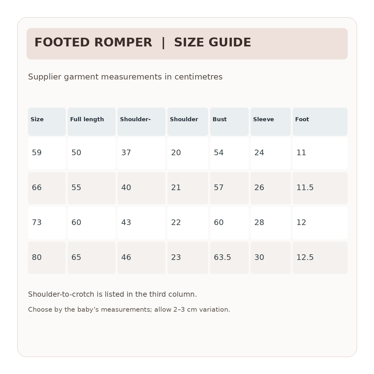 Supplier size guide: 59, 66, 73, 80 cm with garment measurements