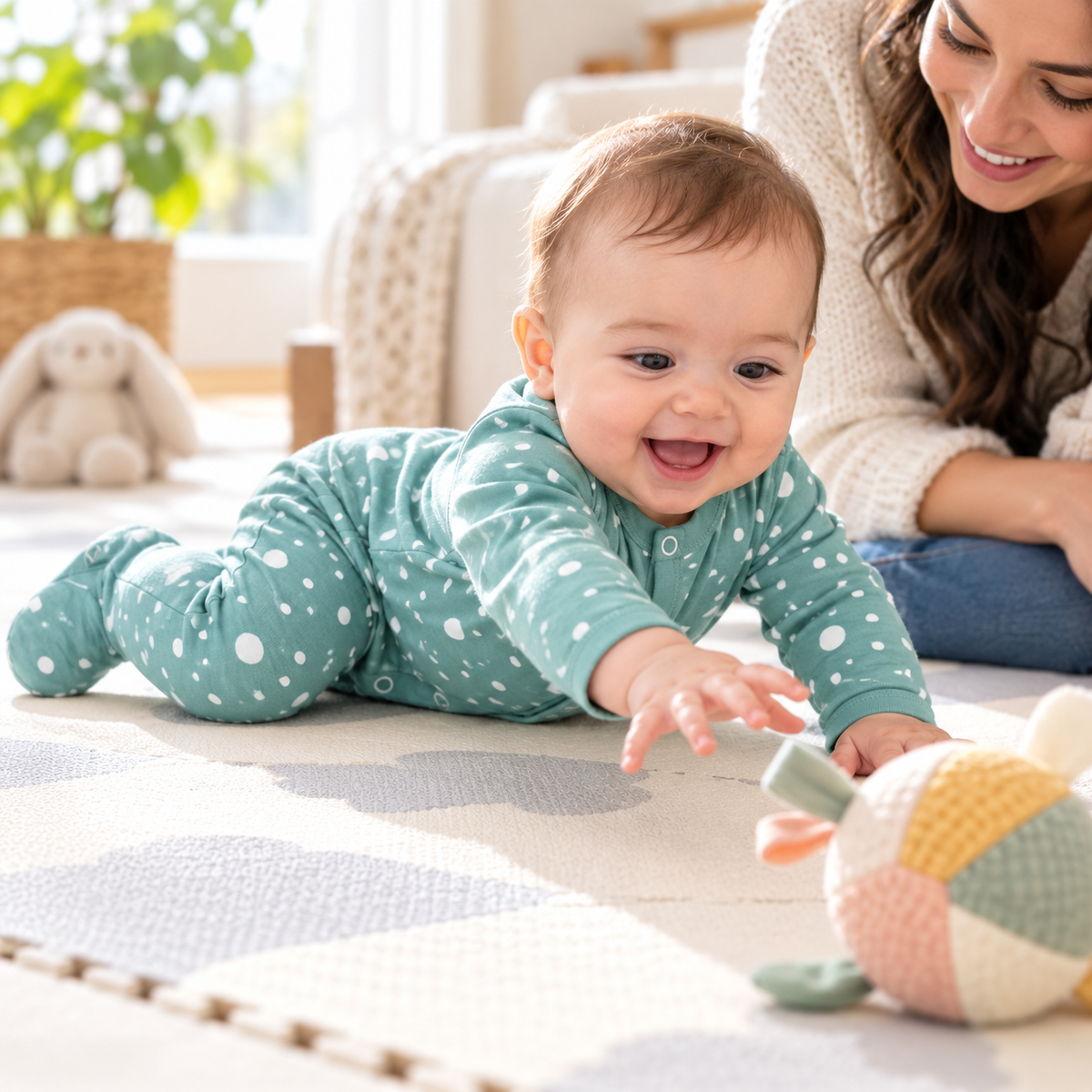 Baby playing in teal spotted footed sleeper