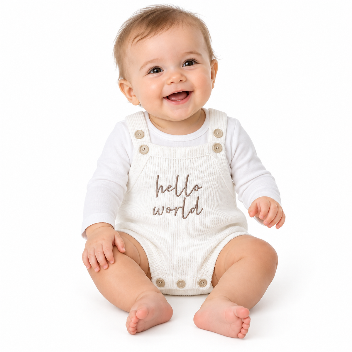 Infant modeling white hello world suspender romper against white; base top styling only