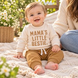 Baby wearing cream letter sweatshirt suit in spring garden