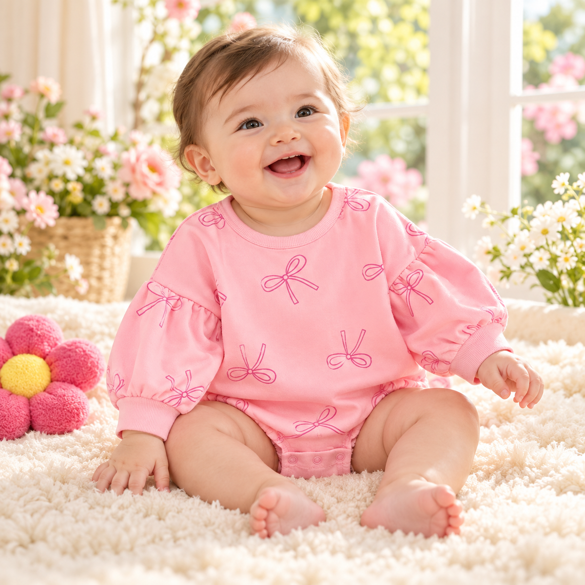 Pink bow baby bodysuit spring editorial