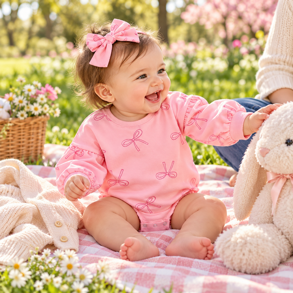 Baby laughing while playing in pink bow bodysuit