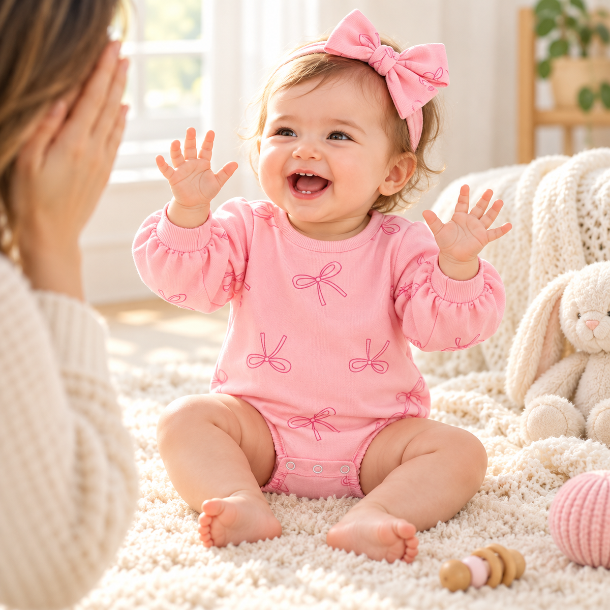 Baby playing peekaboo in pink bow bodysuit; headband not included