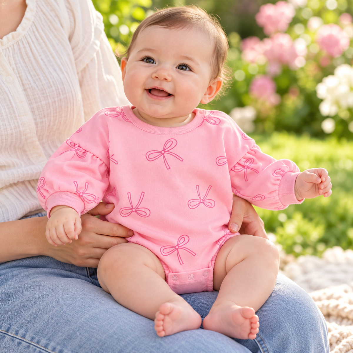 Baby in pink bow bodysuit supported by parent outdoors