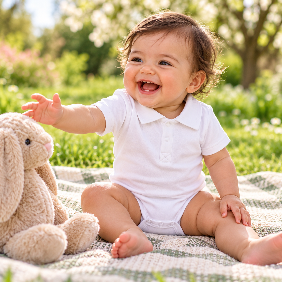 Baby playing on picnic blanket in white polo onesie