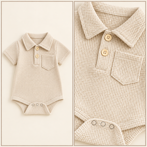 Framed apricot romper with waffle texture, placket, pocket and snaps