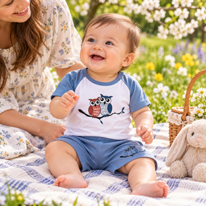 Baby in owl print T-shirt and blue shorts