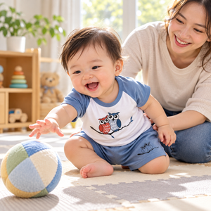 Baby playing in owl print tee and blue shorts