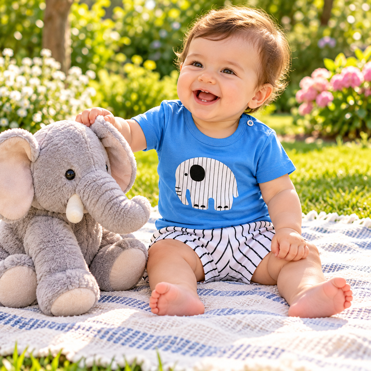 Baby laughing in elephant print tee and stripe shorts