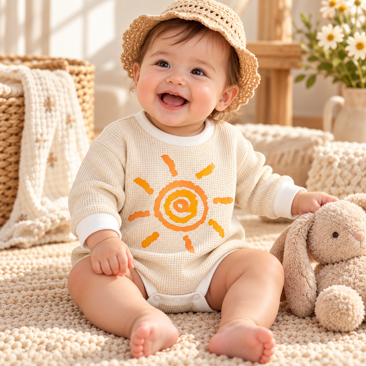 Baby in Beige Big Sun waffle romper with styling props