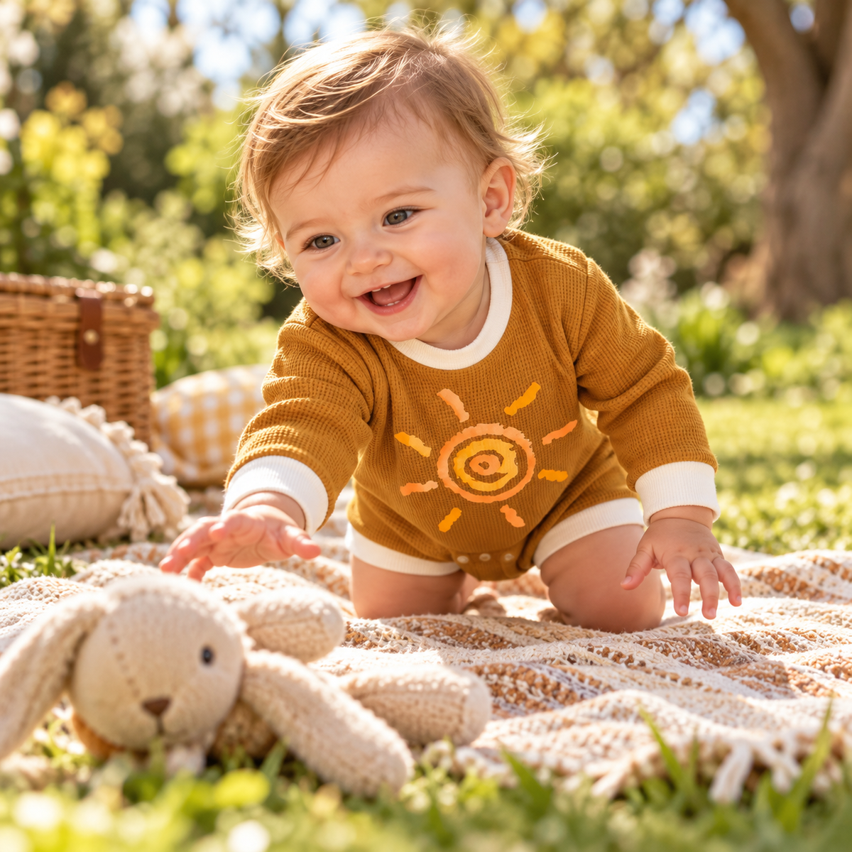 Smiling baby crawling in Brown Big Sun waffle romper