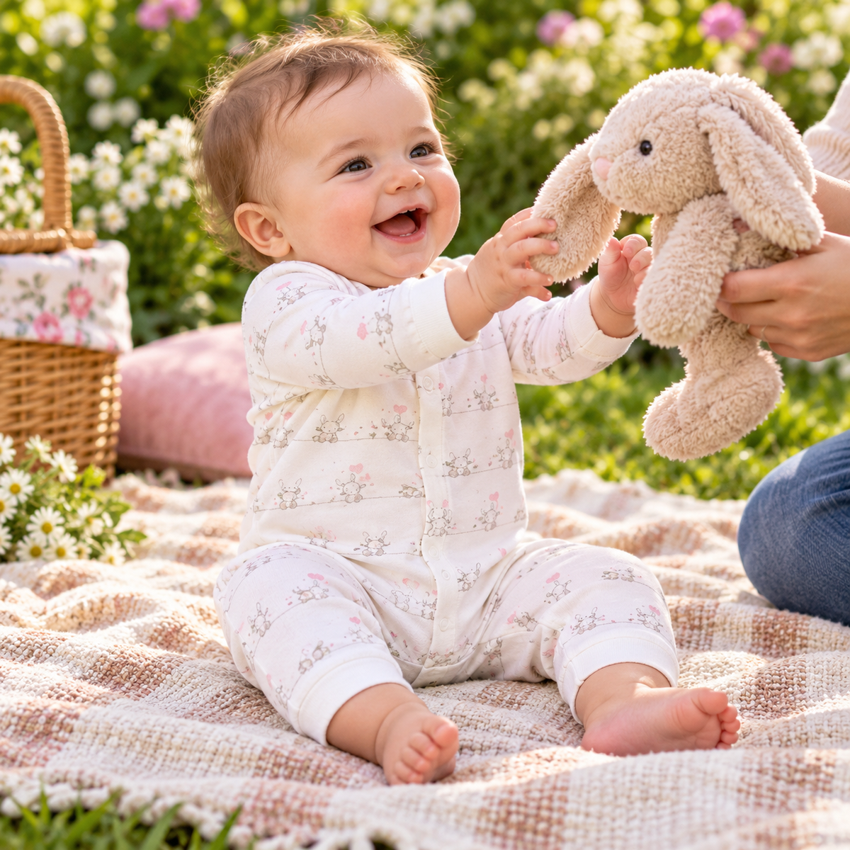 Baby playing in ivory print romper