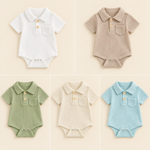 White, Apricot, Khaki, Green and Blue waffle polo romper colour grid