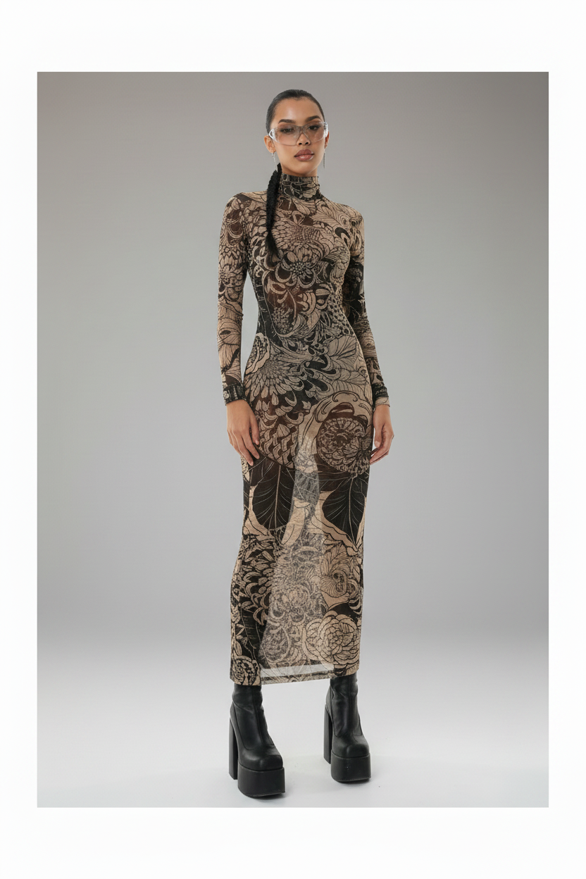 Baroque Mesh Turtleneck Maxi – Cover