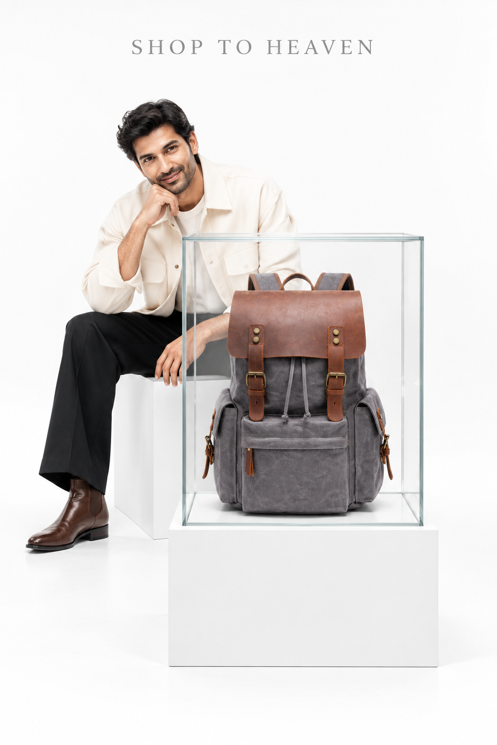Canvas Backpack White Gallery Seated-Model Cover
