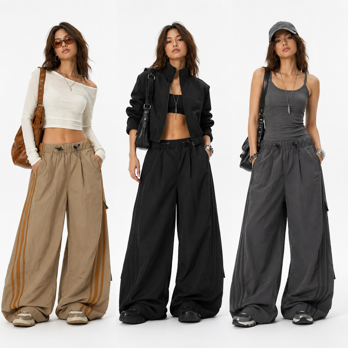Wide-Leg Cargo Parachute Pants — three styling looks, set 2