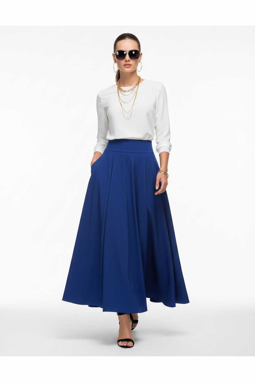 Elegant A-Line Maxi Skirt – High Waist with Pockets