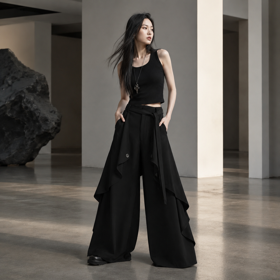 Chinese Style Ruffle Wide-Leg Pants — editorial lifestyle