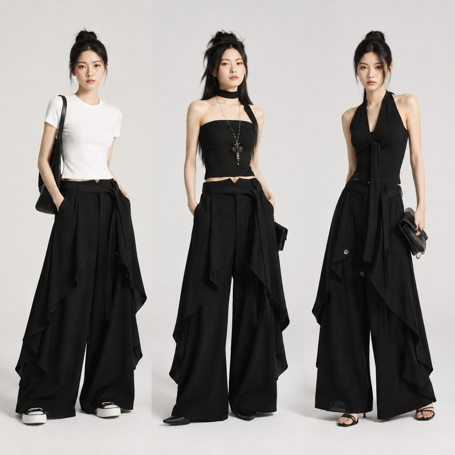 Chinese Style Ruffle Wide-Leg Pants — three styling looks, set 1