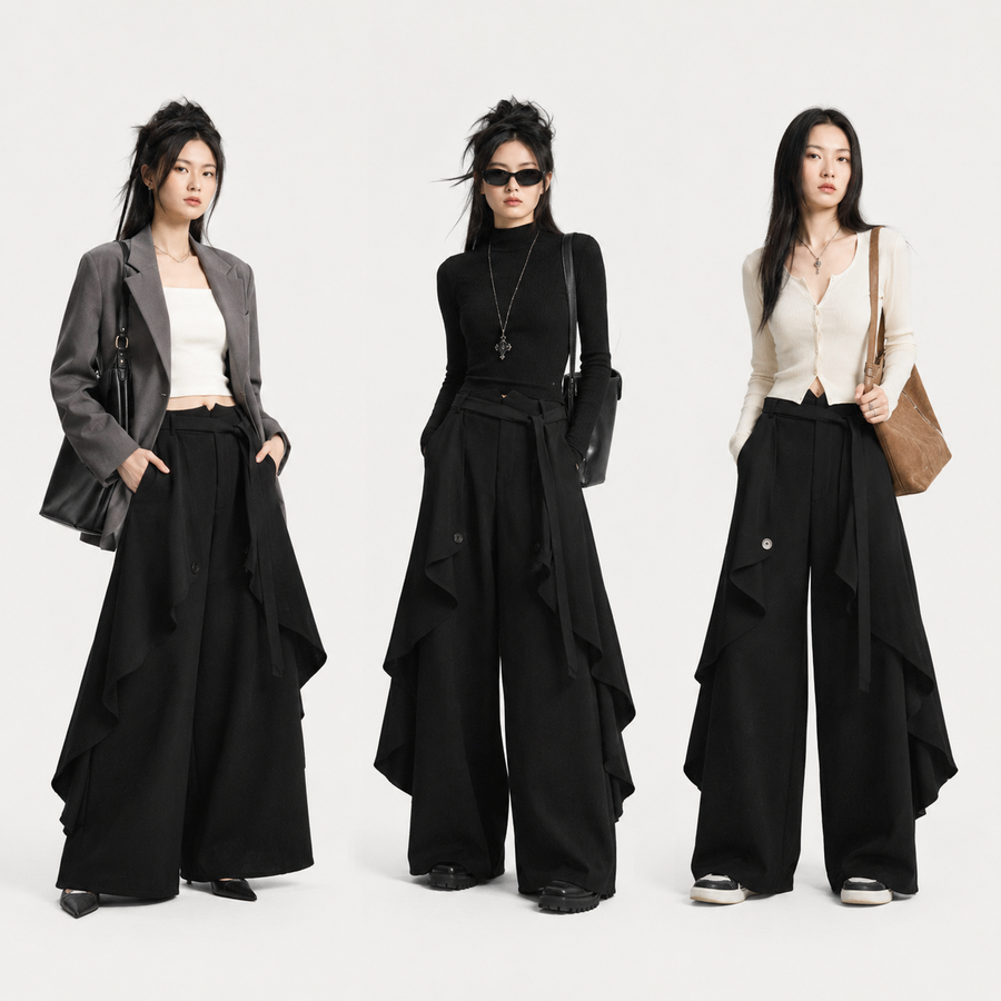 Chinese Style Ruffle Wide-Leg Pants — three styling looks, set 2