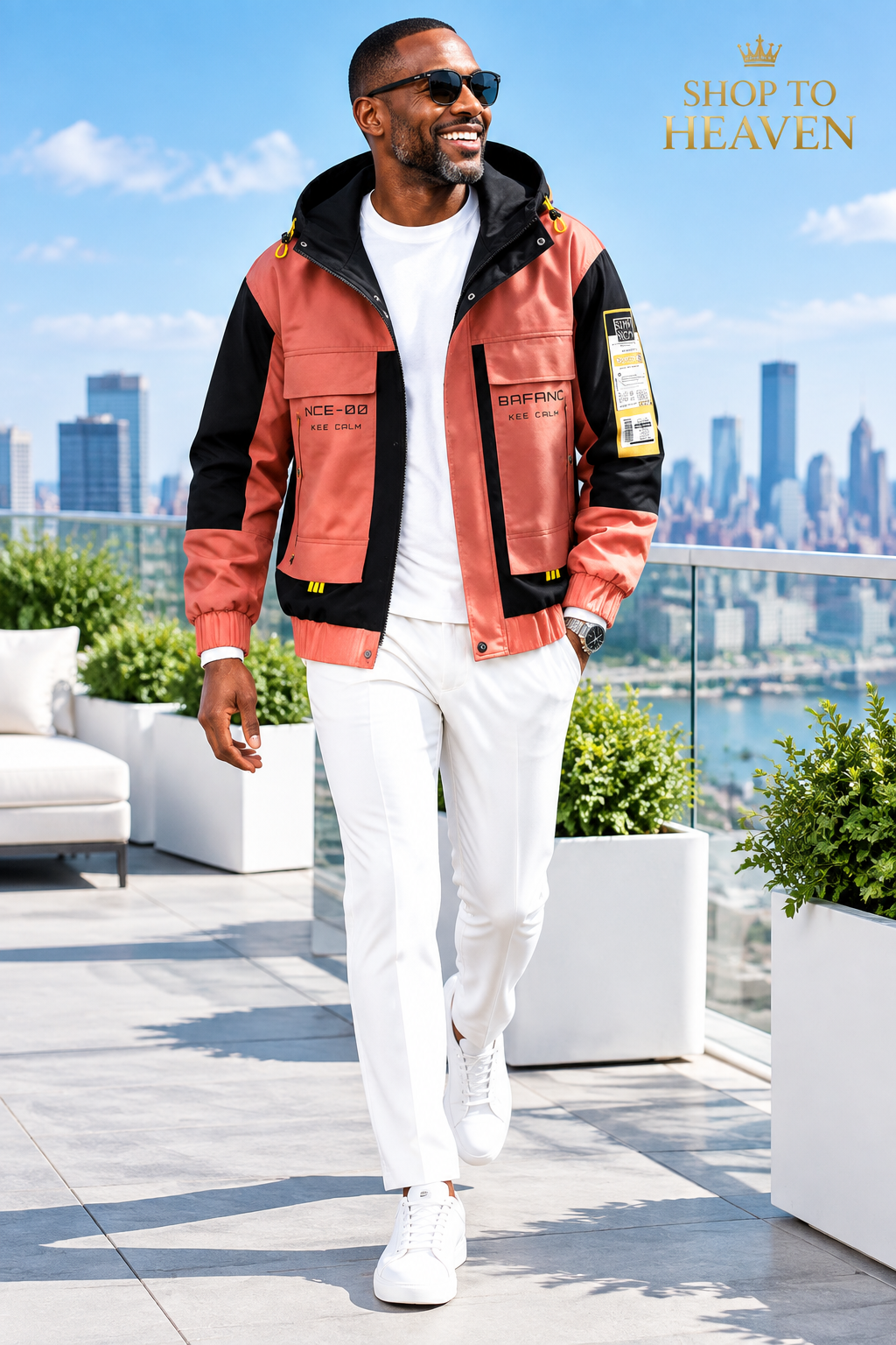 Colour-Block Jacket Rooftop Editorial