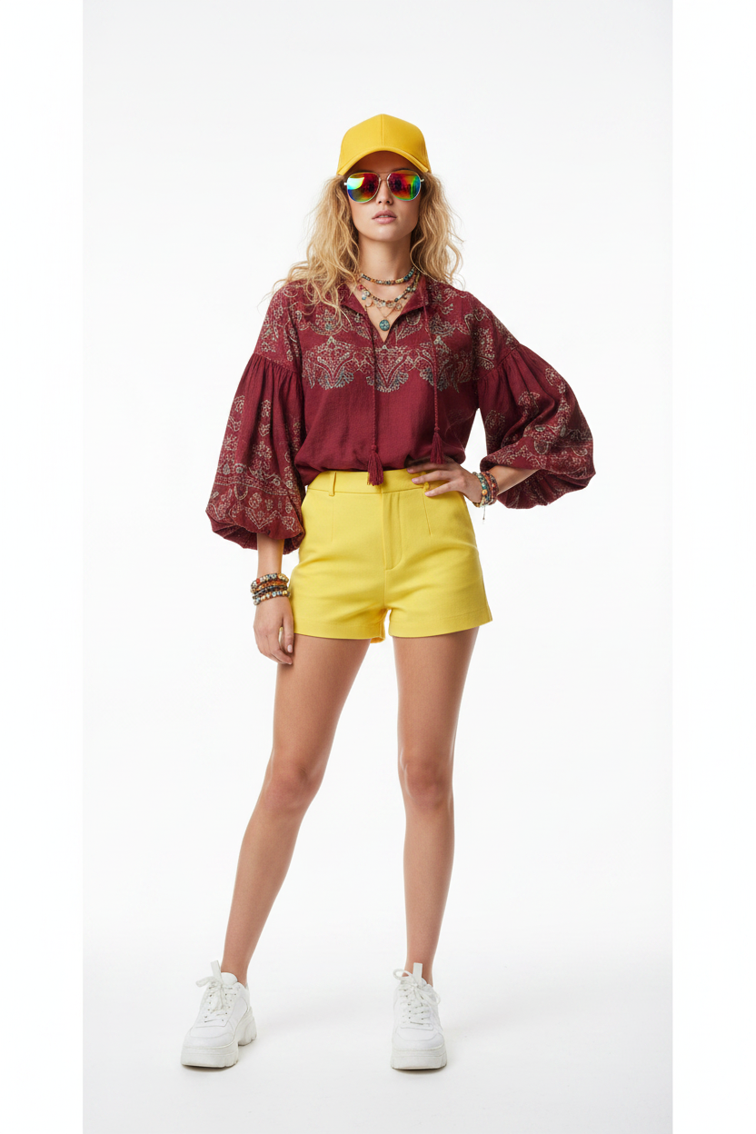 Ethnic Blouse – Yellow Shorts + Cap + Mirror Shades