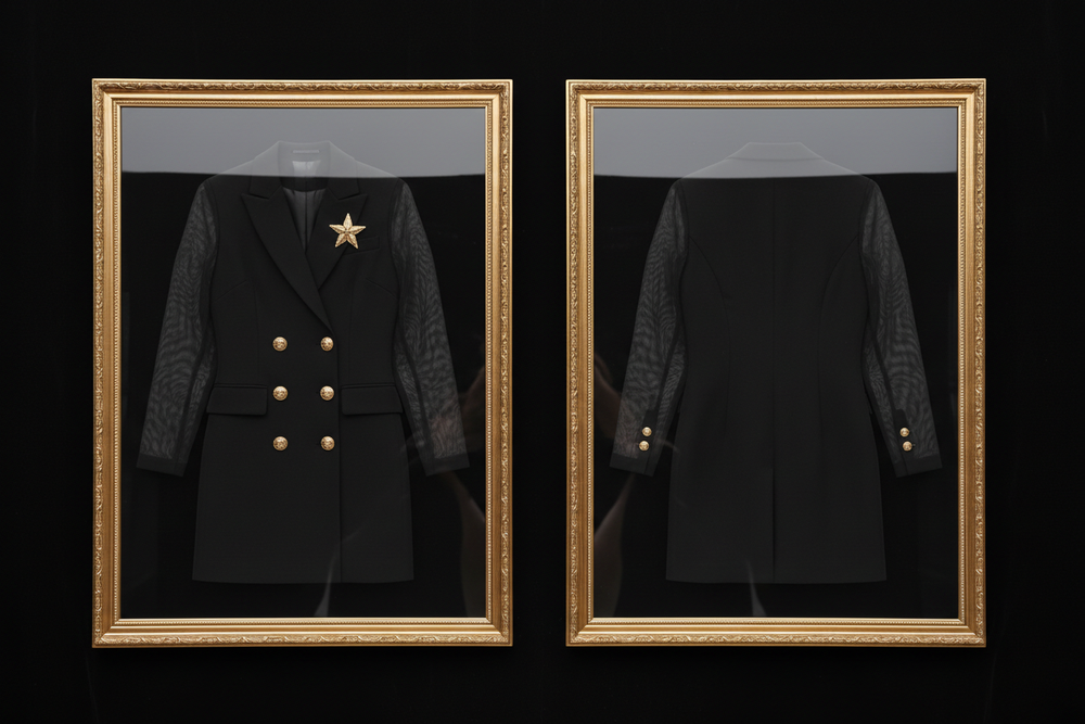 Sheer Sleeve Double-Breasted Blazer Dress