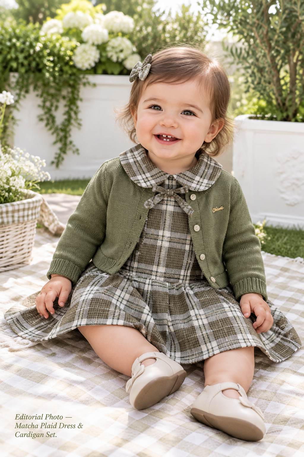 Garden Editorial — Matcha Plaid Dress & Cardigan Set