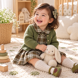Girl laughing and playing in matcha cardigan and plaid dress