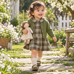 Girl enjoying garden play in matcha cardigan and plaid dress