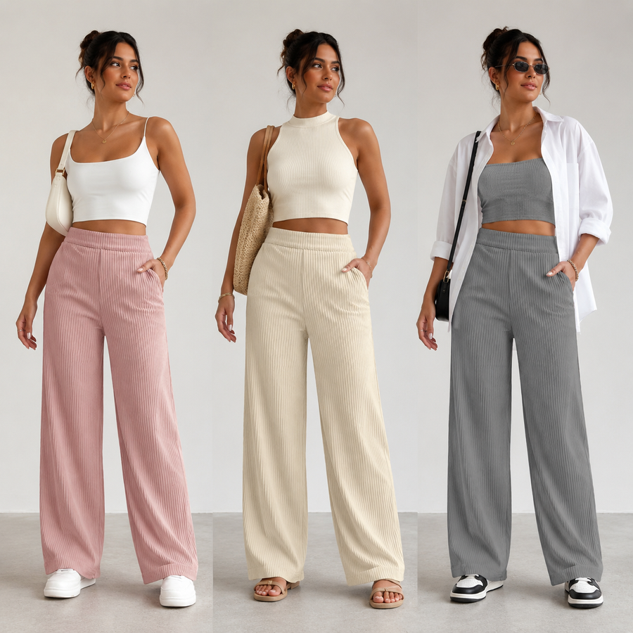 High Waist Loose Wide Leg Pants — three styling looks, set 1