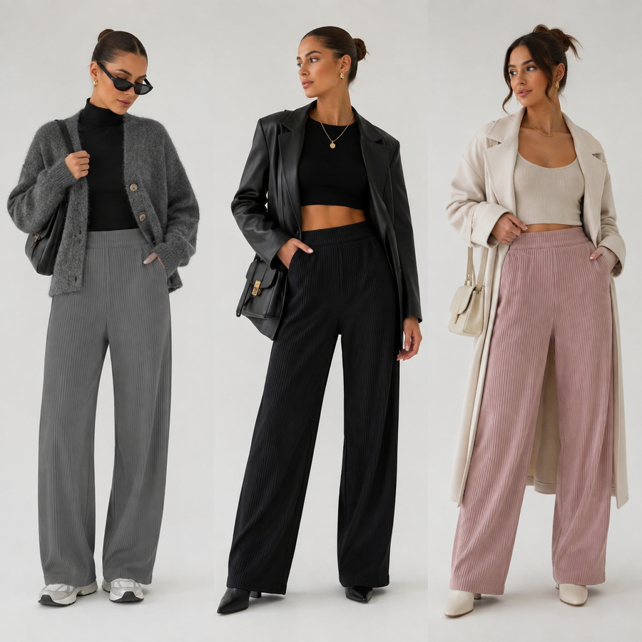 High Waist Loose Wide Leg Pants — three styling looks, set 3